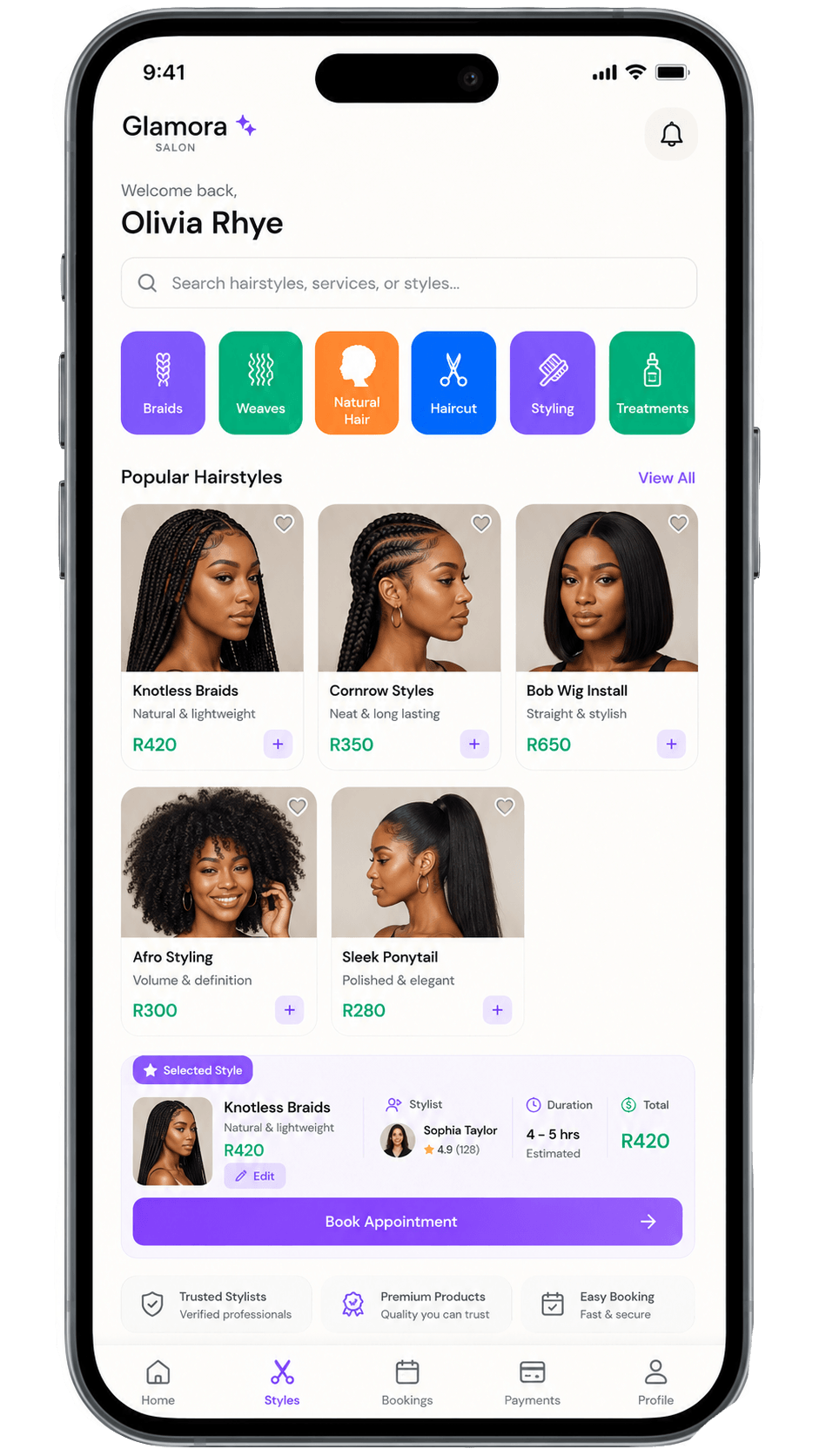 Salon hairstyle selection and booking mobile application
