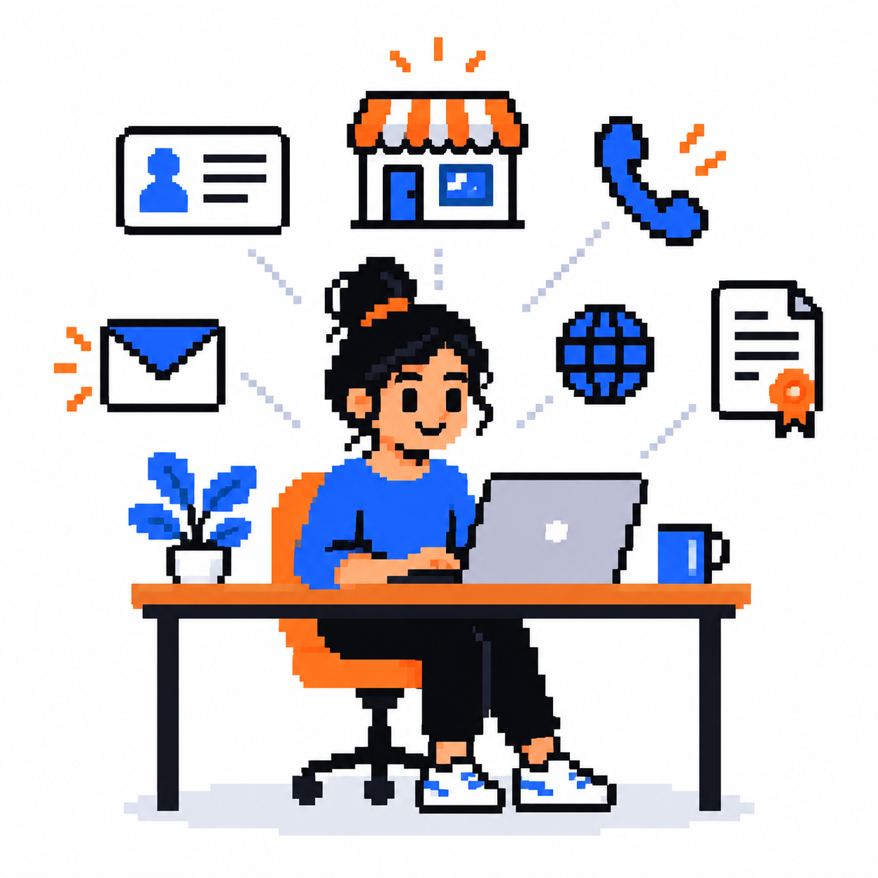 Pixel-art illustration of a business owner with business and contact information