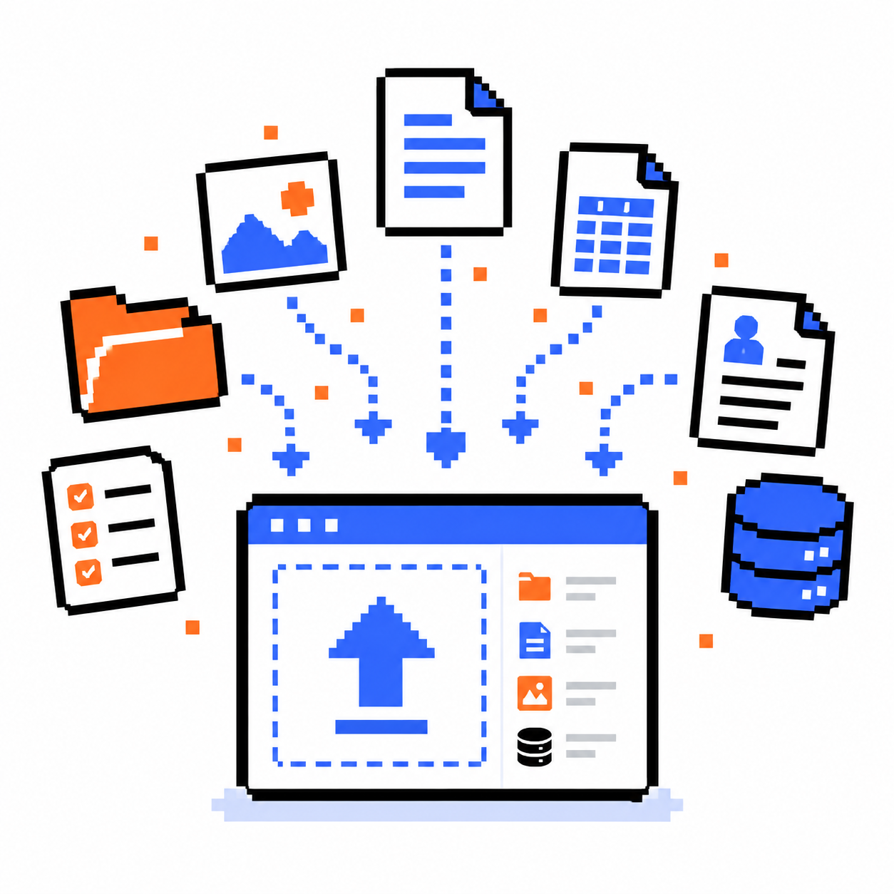 Pixel-art illustration of files and records being uploaded into an application