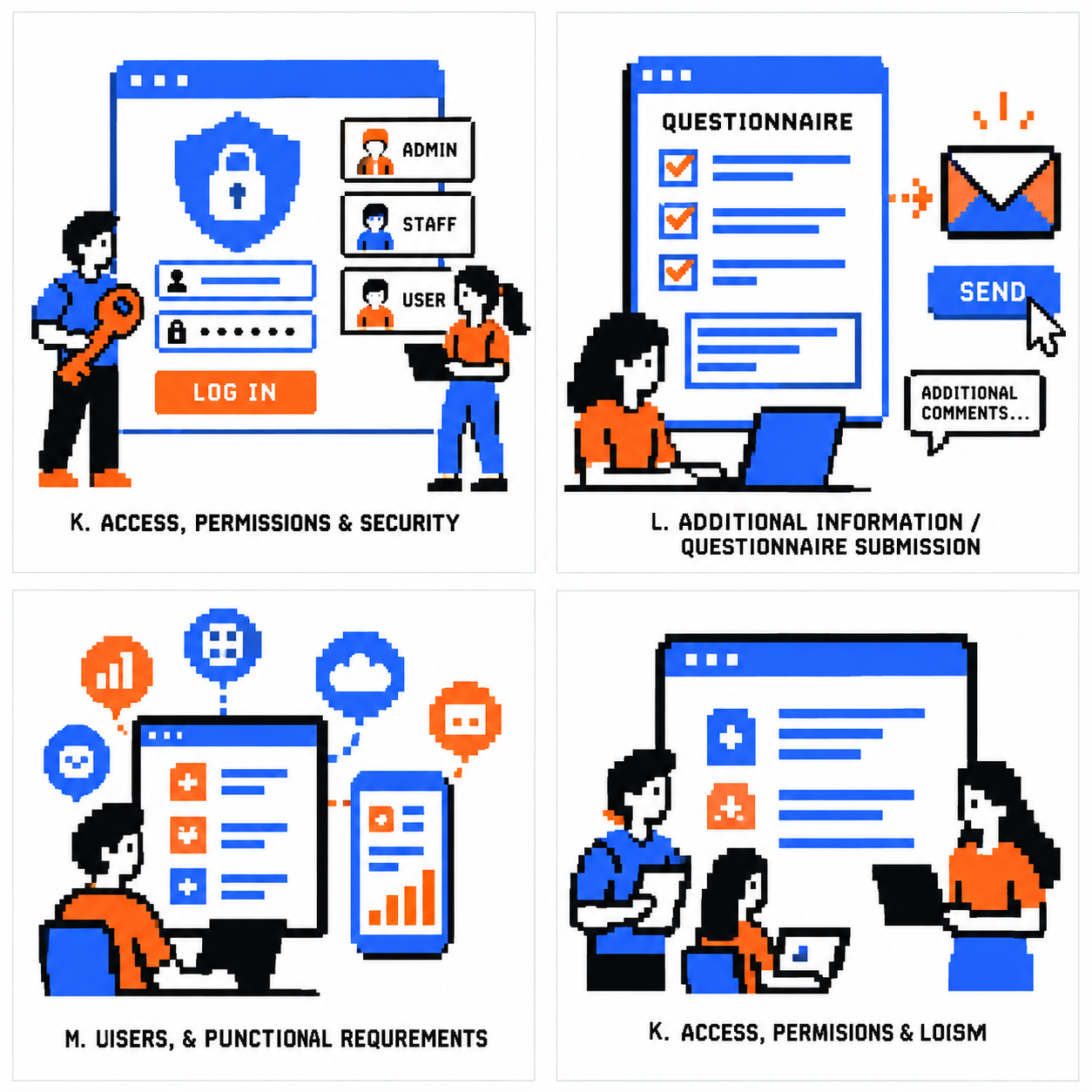 Pixel-art application profile connected to email, payments, calendar, cloud and messaging services