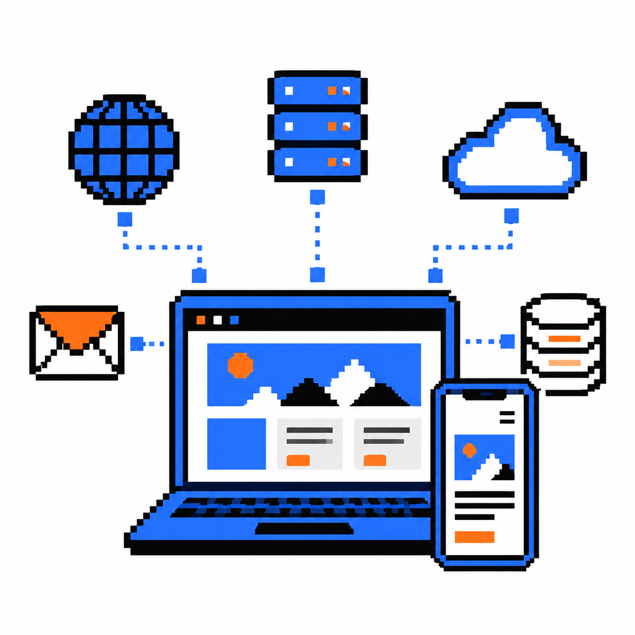 Pixel-art illustration of a website and connected digital infrastructure