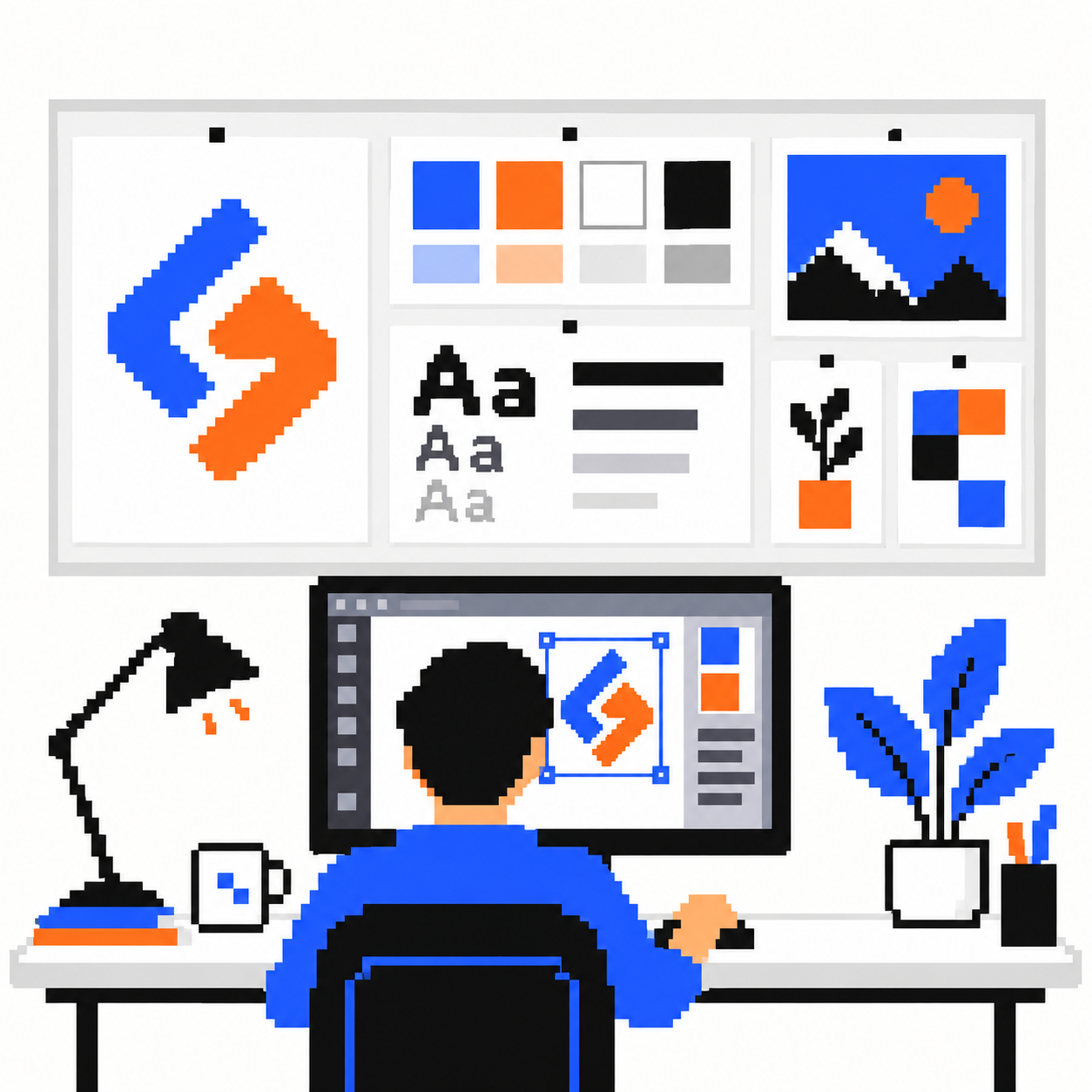 Pixel-art illustration of a designer working with a brand identity system
