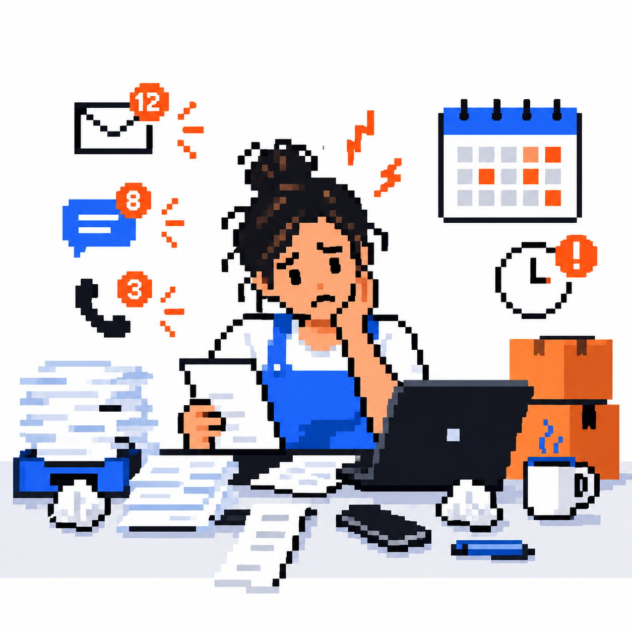 Pixel-art illustration of a business owner managing messages, deadlines and paperwork