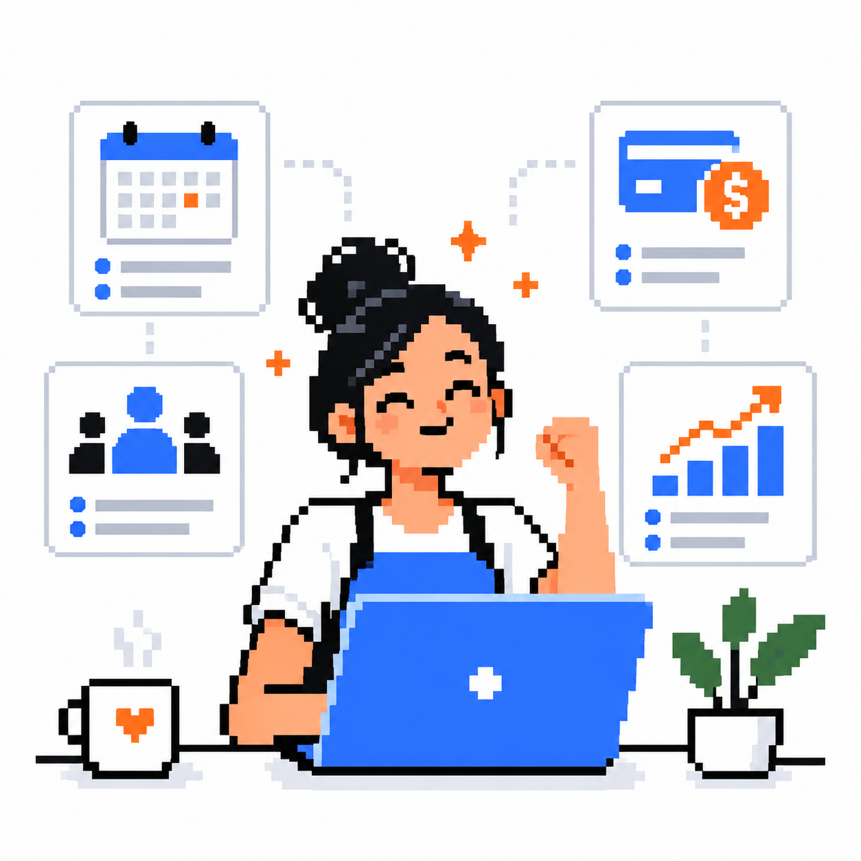 Pixel-art illustration of a business owner with booking, payment, customer and growth indicators