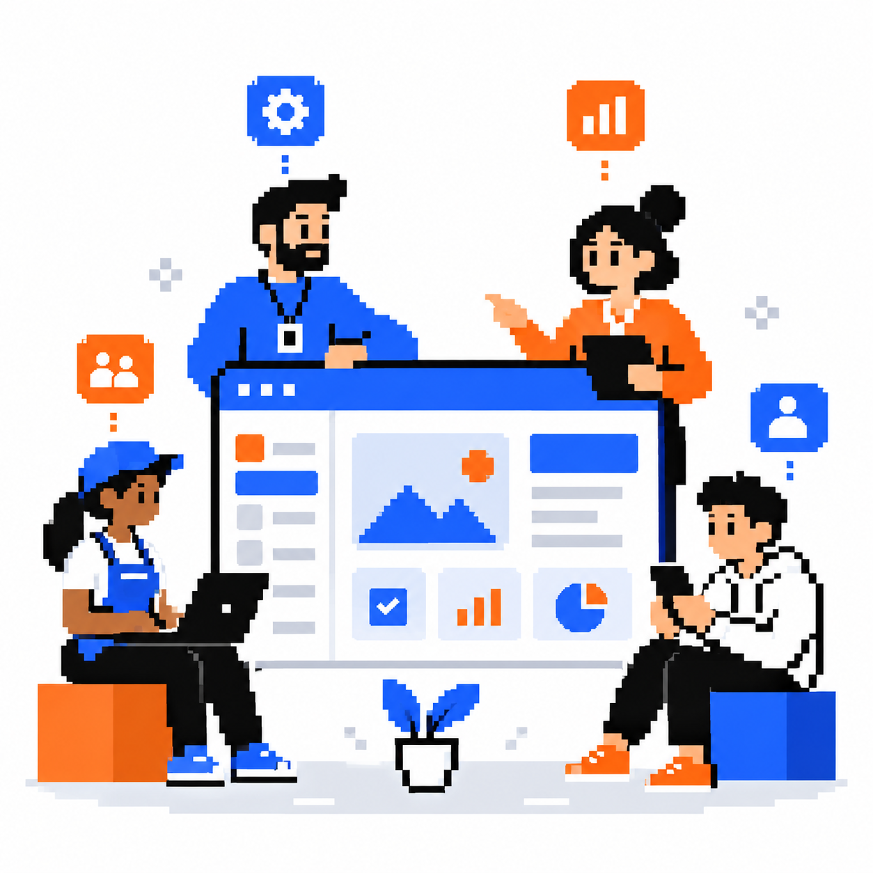 Pixel-art illustration of multiple users working around an application dashboard