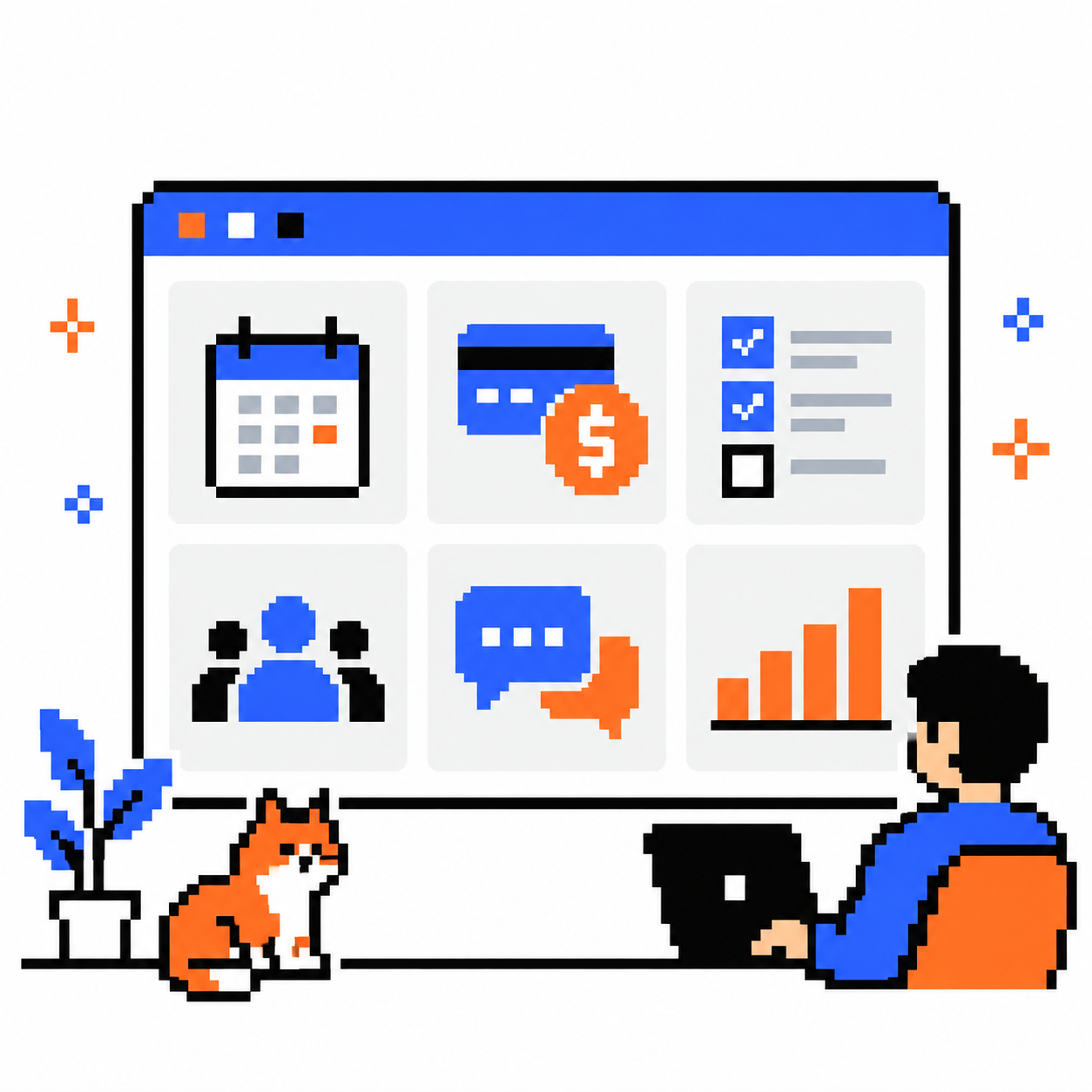 Pixel-art application dashboard showing multiple business capabilities