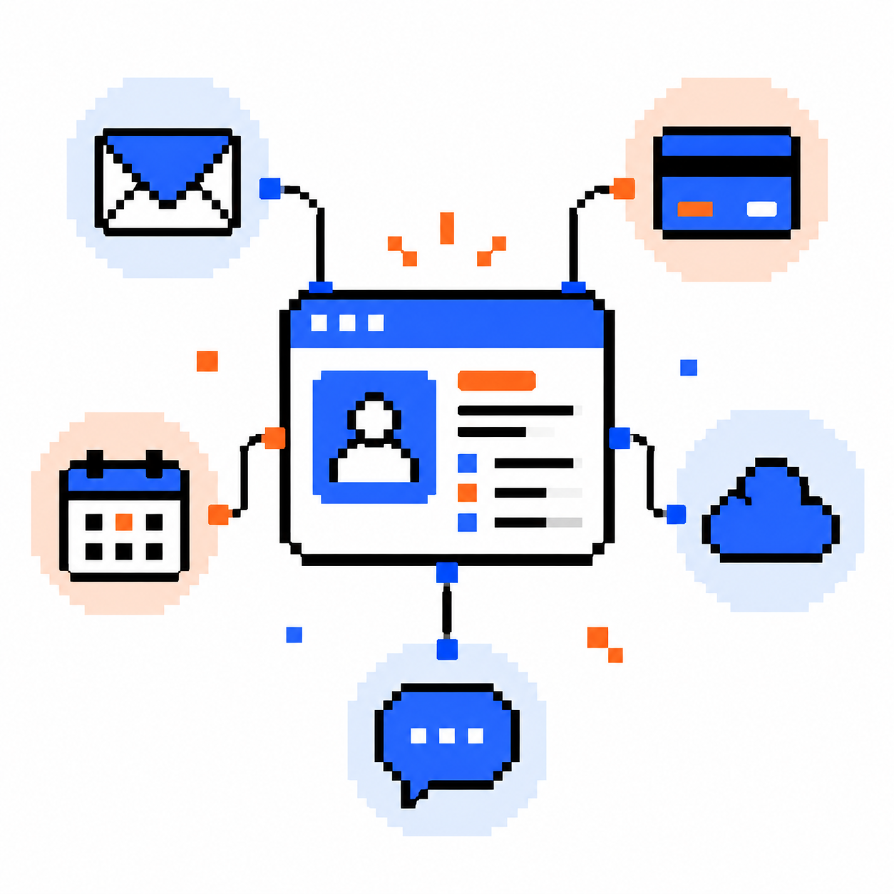 Pixel-art application profile connected to email, payments, calendar, cloud and messaging services